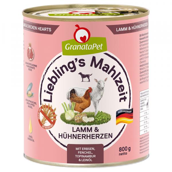 Pakiet GranataPet Liebling's Mahlzeit, 12 x 800 g - Jagnięcina i serca drobiowe