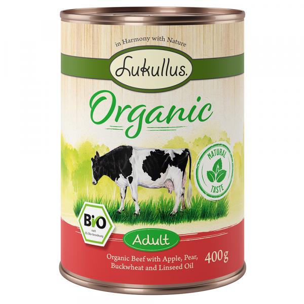 Lukullus Organic Adult, wołowina z jabłkiem (bez glutenu) - 6 x 400 g