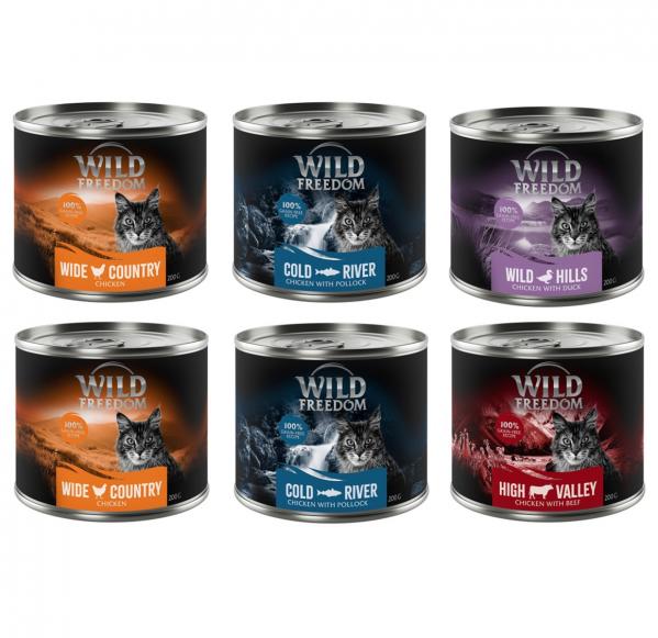 Wild Freedom Adult, 6 x 200 g - bezzbożowa receptura - Pakiet mieszany II (kurczak, czarniak, wołowina, kaczka)