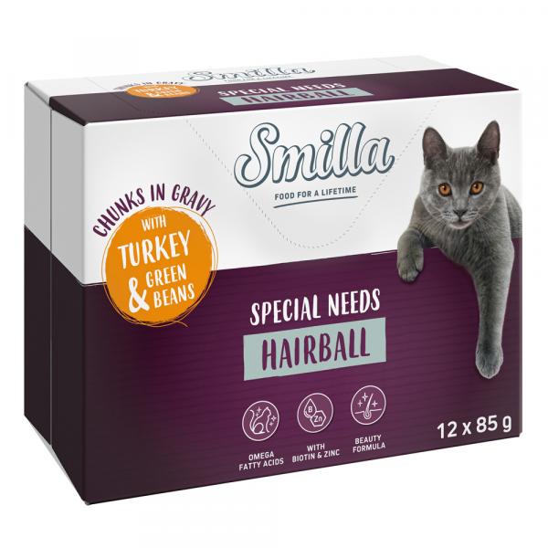 Smilla Adult Hairball w saszetkach, kawałeczki w sosie z warzywami - Indyk z zieloną fasolką, 24 x 85 g