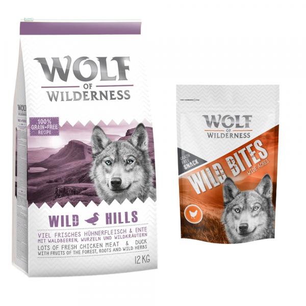 Wolf of Wilderness, sucha karma dla psa, 12 kg + przysmak Wild Bites, 180 g gratis! - Adult, Wild Hills, kaczka + Wide Acres - kurczak, 180 g