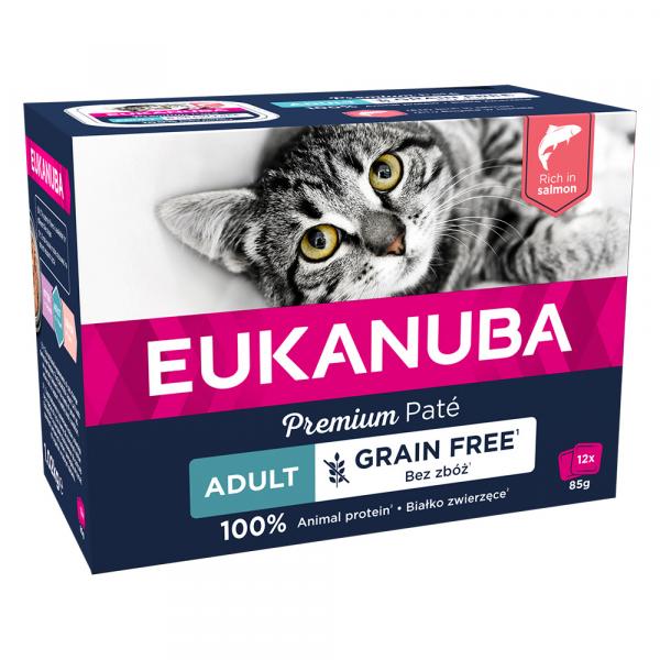 10 + 2 gratis! Eukanuba, karma mokra, bez zbóż, 12 x 85 g - Adult, łosoś