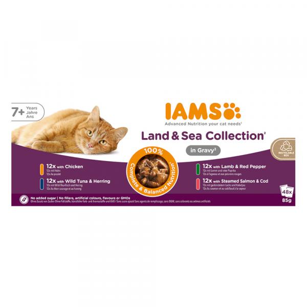 36 + 12 gratis! IAMS Advanced Nutrition, karma mokra dla kota, 48 x 85 g - Senior Land & Sea Collection w sosie, pakiet mieszany 2 (4 smaki)