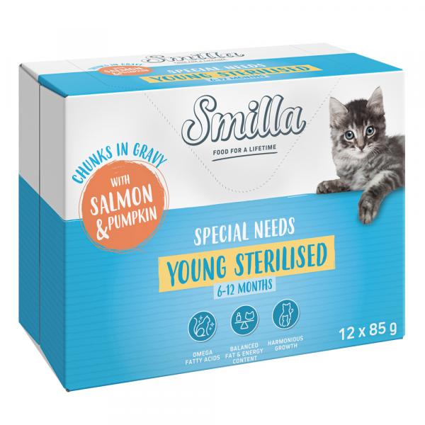 Smilla Young Sterilised kawałeczki w sosie z warzywami, saszetki - Łosoś i dynia, 12 x 85 g