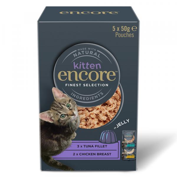 4 + 1 gratis! Encore, karma mokra, 5 x 50 g - Kitten w galarecie, Finest Selection (2 smaki)