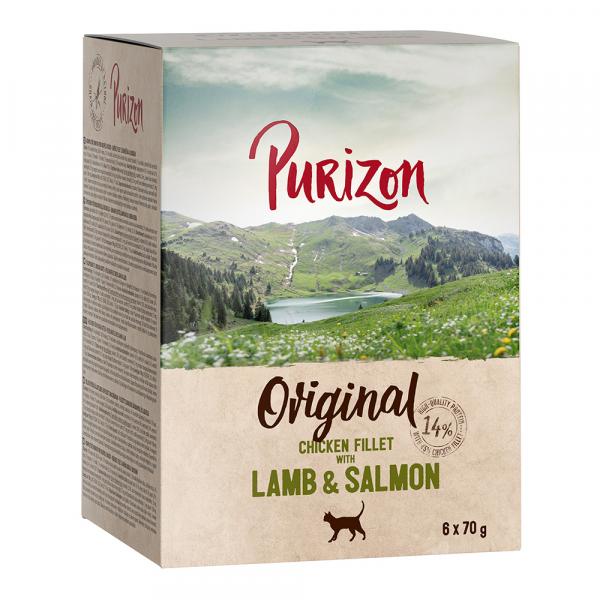 Korzystny pakiet Purizon Adult, bez zbóż, 12 x 70 g - Filet z kurczaka, jagnięcina i łosoś