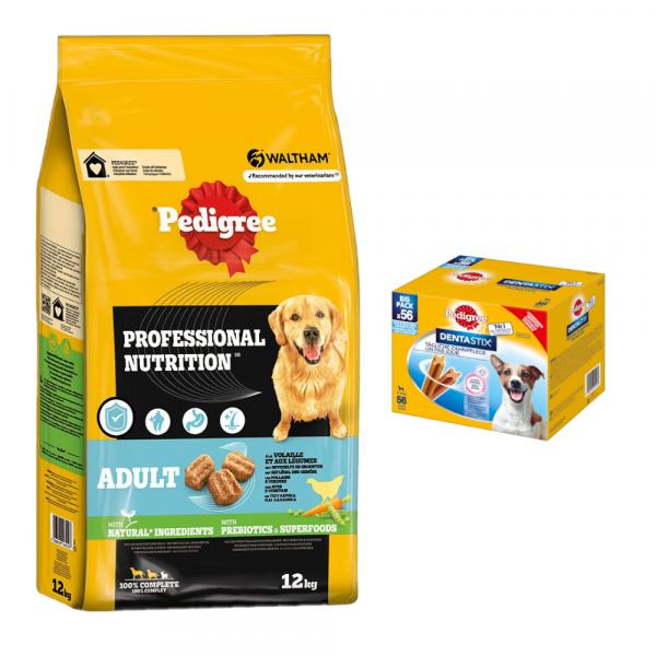 15% taniej! Pedigree: 12 kg Professional Nutrition + DentaStix, dla małych psów, 880 g, 56 szt. - Adult, drób i warzywa