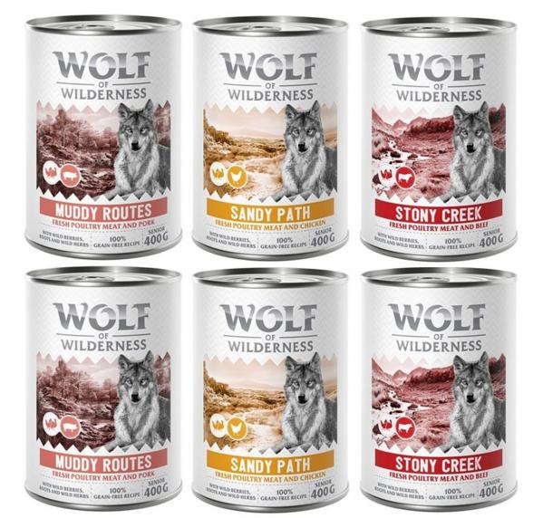 Pakiet mieszany Wolf of Wilderness SENIOR - 6 x 400 g: 2x drób z wołowiną, 2x drób z wieprzowiną, 2x drób z kurczakiem