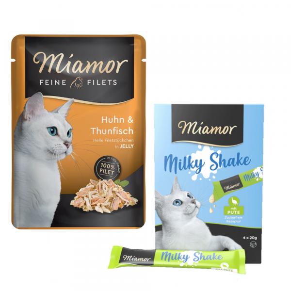 Miamor: Feine Filets w saszetkach, 24 x 100 g + Milky Shake, indyk 4 x 20 g gratis! - Kurczak z tuńczykiem