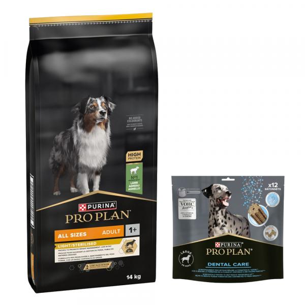 PURINA PRO PLAN: karma sucha + Dental Care dla dużych psów, 426 g (12 sztuk) gratis! - All sizes Adult Light Sterilised, jagnięcina, 14 kg