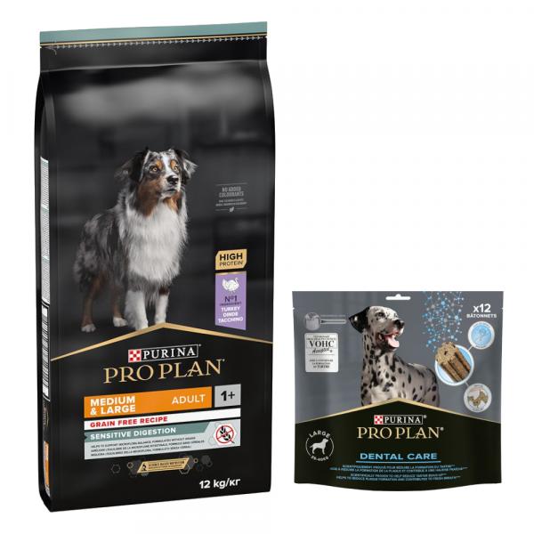 PURINA PRO PLAN: karma sucha + Dental Care dla dużych psów, 426 g (12 sztuk) gratis! - Medium & Large Adult Sensitive Digestion, bez zbóż, 12 kg