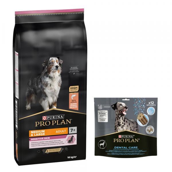 PURINA PRO PLAN: karma sucha + Dental Care dla dużych psów, 426 g (12 sztuk) gratis! - Medium & Large Adult 7+ Sensitive Skin, łosoś i ryż, 14 kg