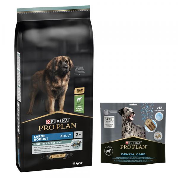 PURINA PRO PLAN: karma sucha + Dental Care dla dużych psów, 426 g (12 sztuk) gratis! - Large Adult Robust Sensitive Digestion, jagnięcina i ryż, 14 kg