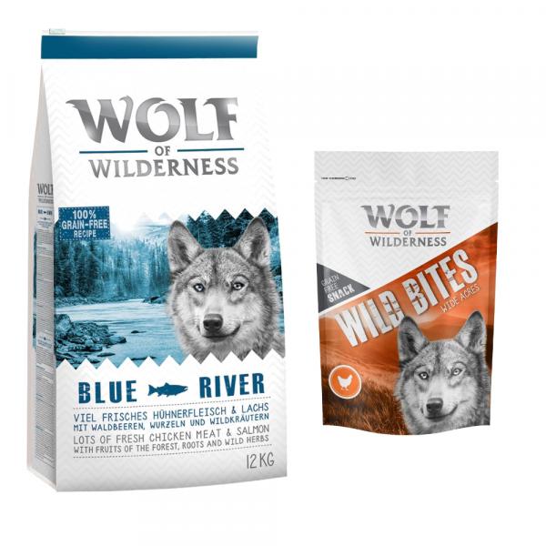 Wolf of Wilderness, sucha karma dla psa, 12 kg + przysmak Wild Bites, 180 g gratis! - Adult, Blue River, łosoś + Wide Acres - kurczak, 180 g