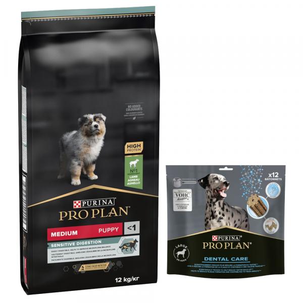 PURINA PRO PLAN: karma sucha + Dental Care dla dużych psów, 426 g (12 sztuk) gratis! - Medium Puppy Sensitive Digestion, jagnięcina i ryż, 12 kg
