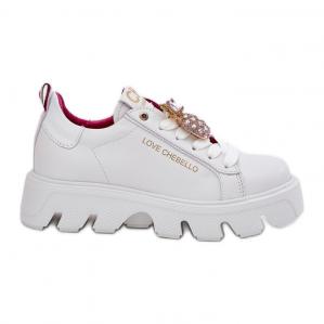 Skórzane Sneakersy Z Ozdobną Broszką Ananas CheBello 4651 Białe