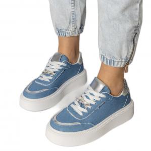 Jeansowe sneakersy zdobione brokatem i cyrkoniami niebieskie