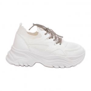 Sneakersy Damskie Na Platformie Ozdobnym Sznurowaniem Białe