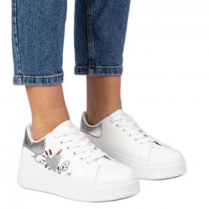 Biało-srebrne sneakersy trampki sportowe damskie z nadrukiem białe