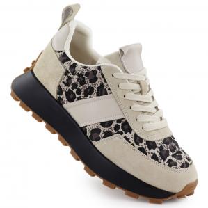 Skórzane sneakersy na platformie w panterkę beżowe Vinceza 66793 beżowy