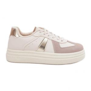 Eko Skórzane Sneakersy Damskie Na Platformie Beżowe beżowy