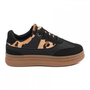 Damskie czarne sneakersy z wstawkami w panterkę