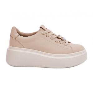 Skórzane Buty Sportowe Damskie Na Platformie Z Przypinką Vinceza 39922 Beżowe beżowy