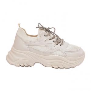 Sneakersy Damskie Na Platformie Ozdobnym Sznurowaniem Beżowe beżowy