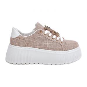 Sneakersy Na Platformie Z Przypinką Miś S.Barski BF51-014 Beżowe beżowy