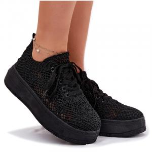 Sneakersy Damskie Na Platformie Z Szydełkową Cholewką Czarne