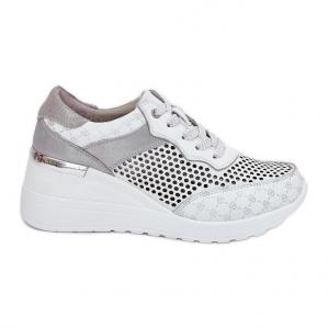 Skórzane Ażurowe Buty Sportowe Sneakersy Na Koturnie S.Barski LR51-641 Białe