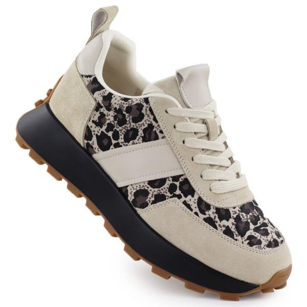 Skórzane sneakersy na platformie w panterkę beżowe Vinceza 66793 beżowy