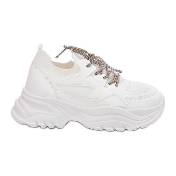 Sneakersy Damskie Na Platformie Ozdobnym Sznurowaniem Białe