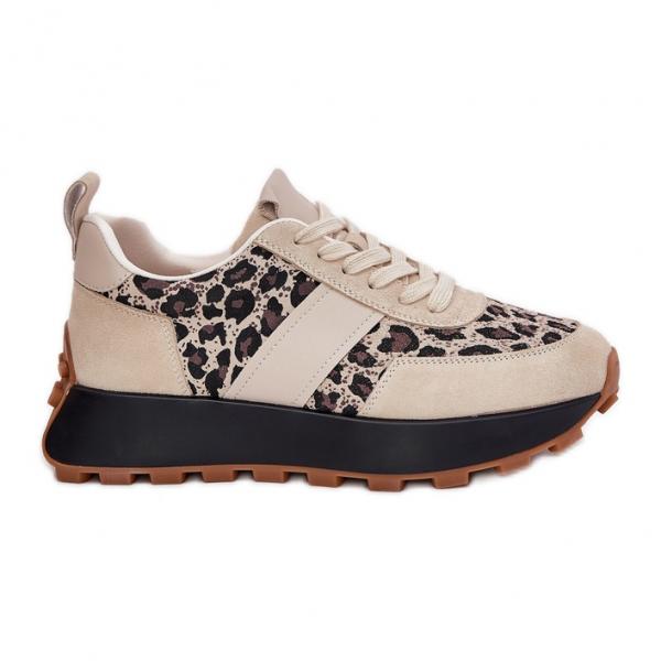 Zamszowe Sneakersy Damskie Na Platformie Panterka Vinceza 66793 Beżowe beżowy