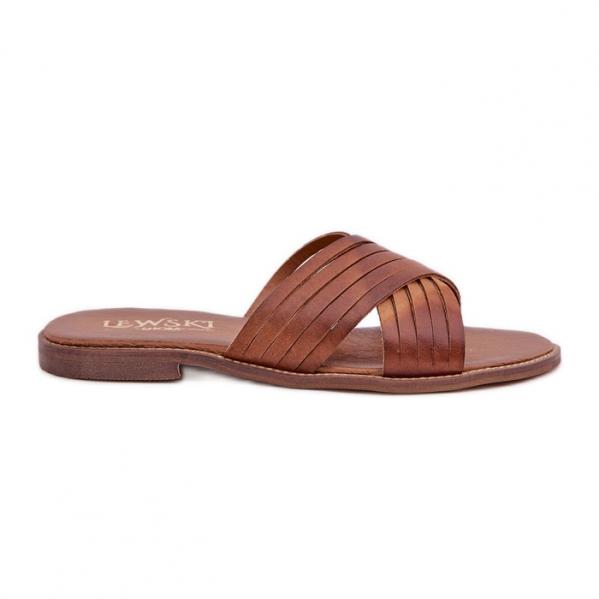 Skórzane Damskie Klapki Lewski Shoes 3682 Camel brązowe
