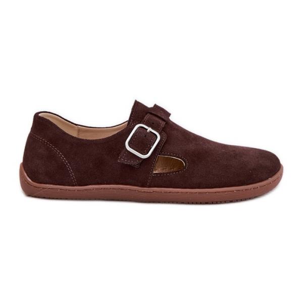 Zamszowe Półbuty Barefoot Damskie Z Klamrą Łaty Zazoo N1261 Czekoladowe brązowe