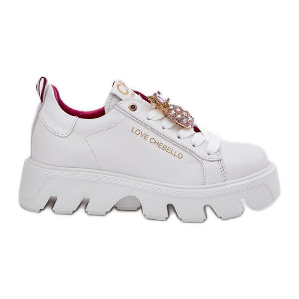 Skórzane Sneakersy Z Ozdobną Broszką Ananas CheBello 4651 Białe