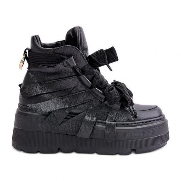 Skórzane Sneakersy Damskie Na Masywnej Platformie CheBello 4561 Czarne