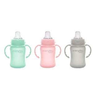 Szklana butelka z ustnikiem niekapkiem i rączkami, 150 ml, szara, Everyday Baby