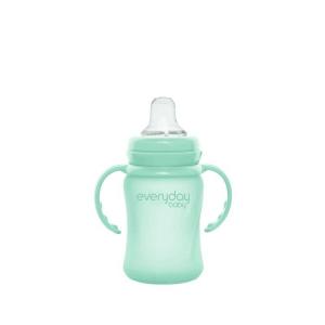 Szklana butelka z ustnikiem niekapkiem i rączkami, 150 ml, miętowa, Everyday Baby, OUTLET