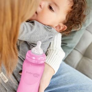 Szklana butelka ze smoczkiem M reagująca na temperaturę, 240 ml, wiśniowa, Everyday Baby