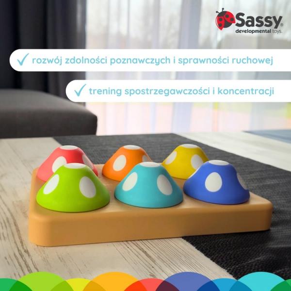 Sassy Psotne grzybki sorter dla dzieci – zabawka edukacyjna 12 mies.+, OUTLET
