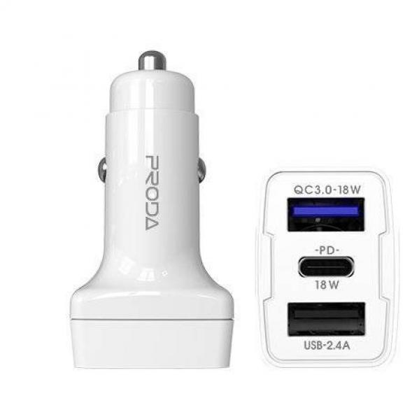 Ładowarka samochodowa Proda Power Delivery Quick Charge 3.0 18 W 2x USB / USB Typ C biały (PD-C31)