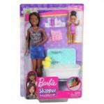 Lalka Barbie Skipper. Zestaw: Opiekunka fioletowe kwiaty + dziecko + wanna FXH06 Mattel