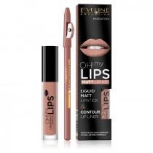 Eveline Cosmetics Oh My Lips zestaw do makijażu ust matowa pomadka w płynie i konturówka 01 Neutral Nude 4.5 ml