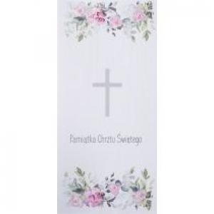 Karnet Chrzest DL C18 - Krzyż kwiaty róż