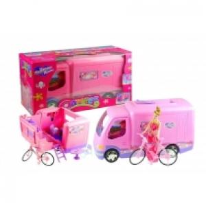 Różowy pojazd dla lalki z rowerem Camper Camping Leantoys
