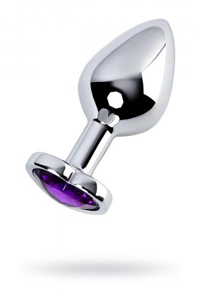 Silver anal plug with purple gem heart-shaped