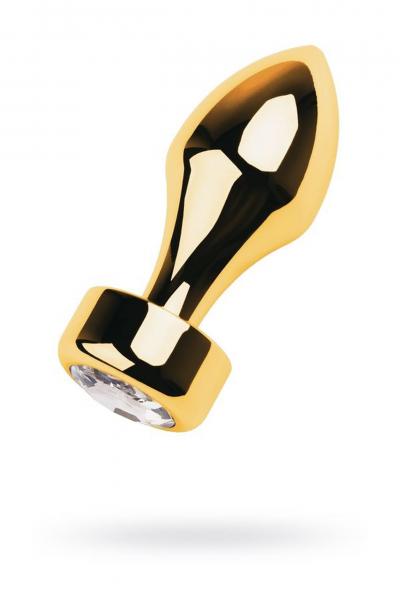 Gold anal plug TOYFA Metal with white round-shaped gem , length 7 cm, diameter 2-3,5 cm, weight 140 gr