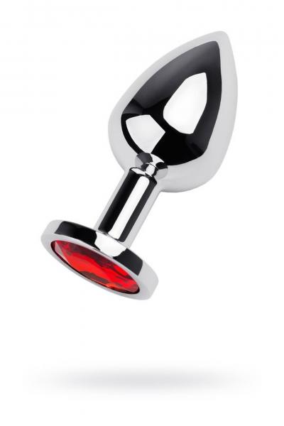 Silver anal plug with gem, red